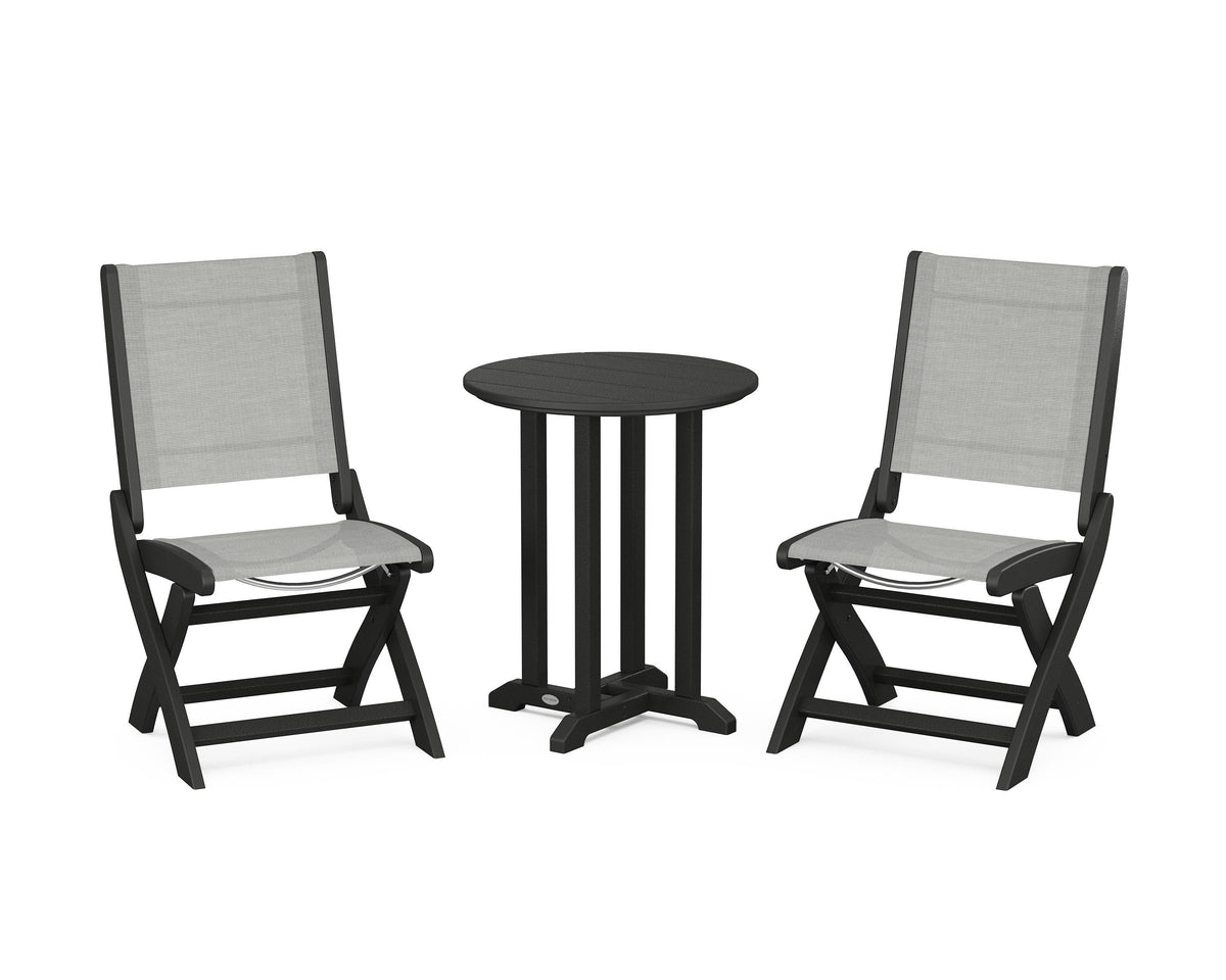 POLYWOOD Coastal Folding Side Chair 3-Piece Round Bistro Dining Set in Black / Metallic