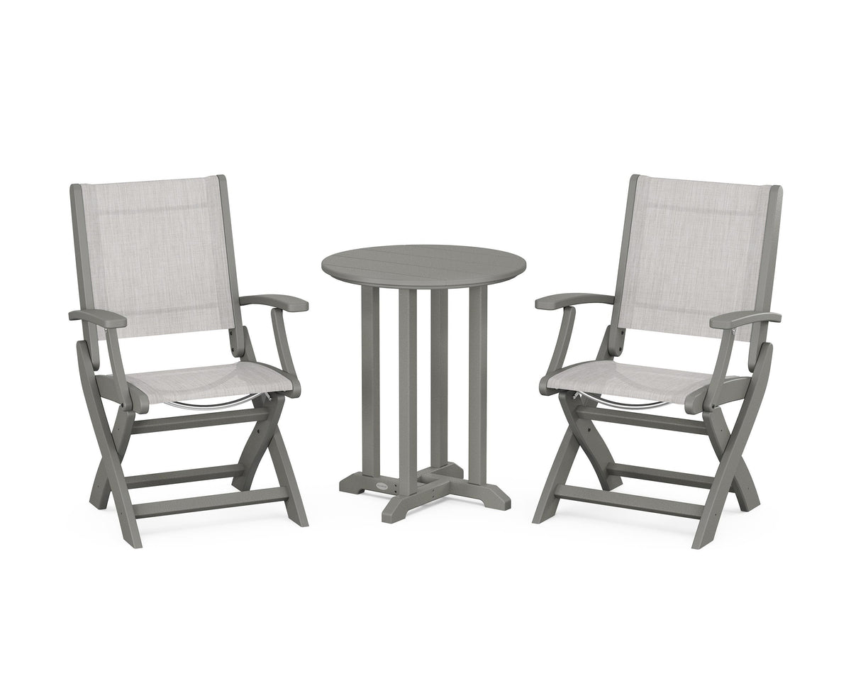 POLYWOOD Coastal Folding 3-Piece Round Bistro Dining Set in Slate Grey / Parchment