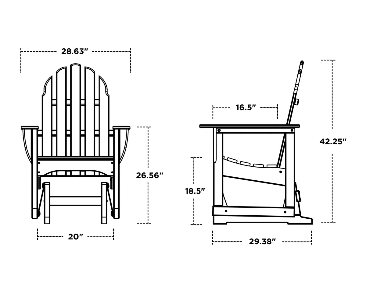 POLYWOOD Classic Adirondack Glider Chair dimension drawing with width, depth and height measurements