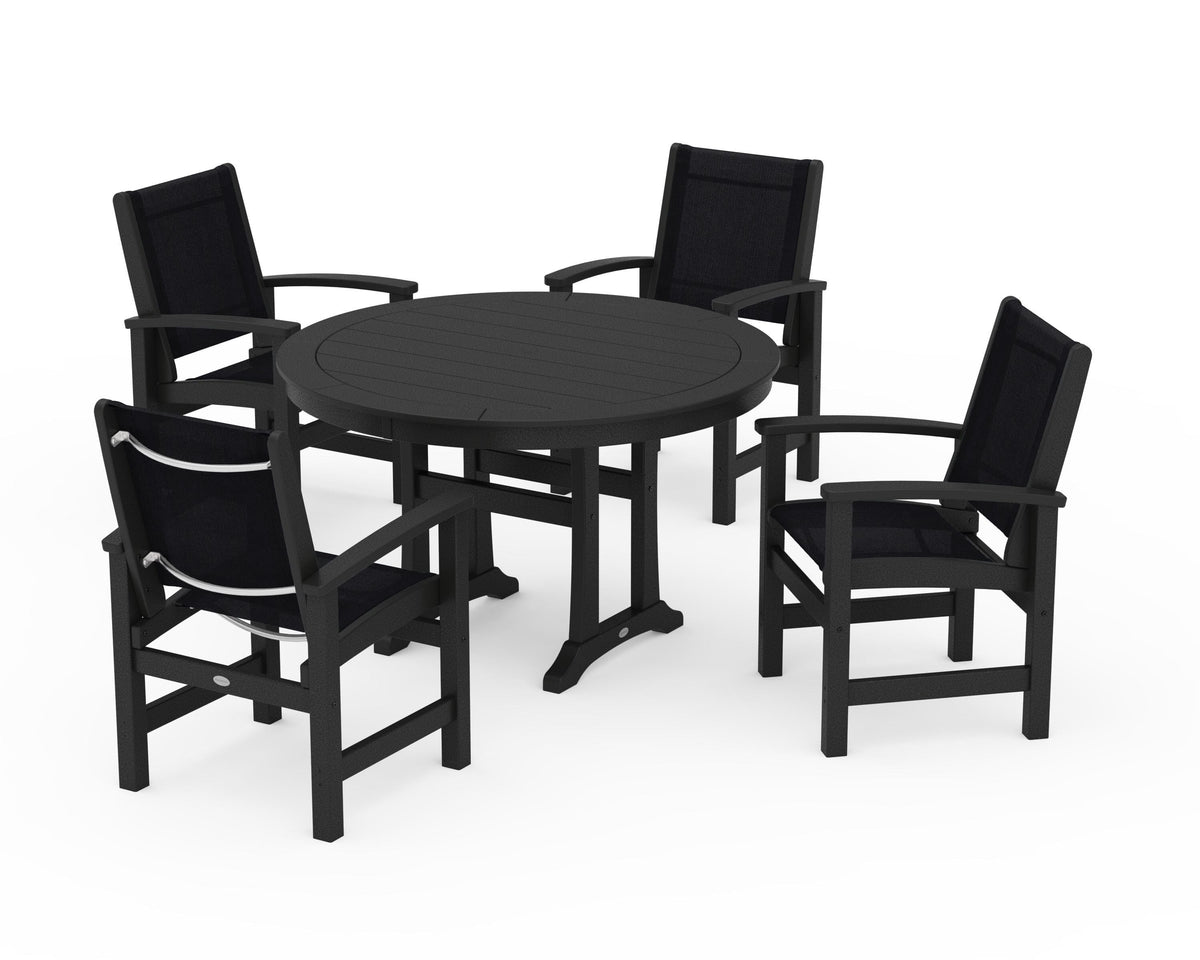 POLYWOOD Coastal 5-Piece Round Dining Set with Trestle Legs in Black / Black