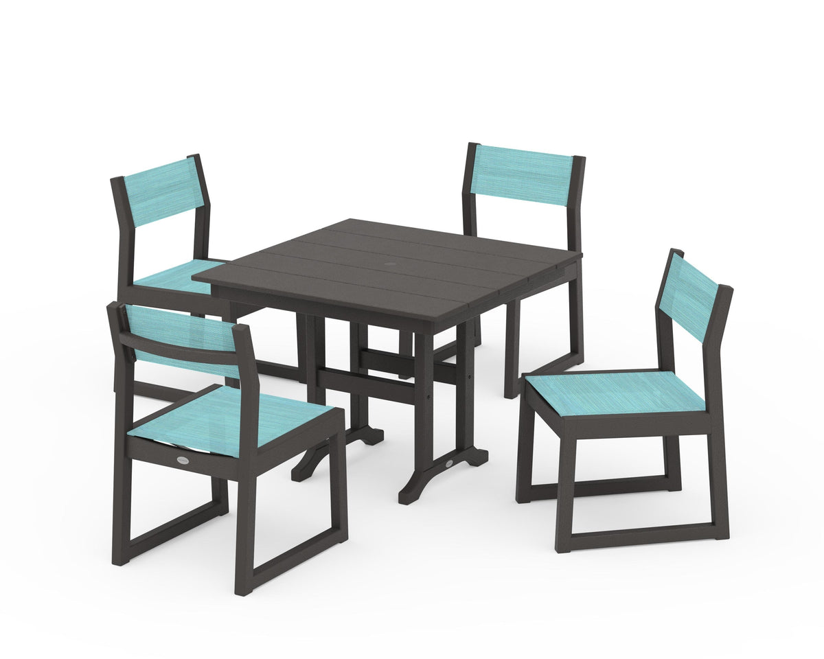 POLYWOOD EDGE Sling Side Chair 5-Piece Farmhouse Dining Set in Vintage Coffee / Dupioni Aquamarine