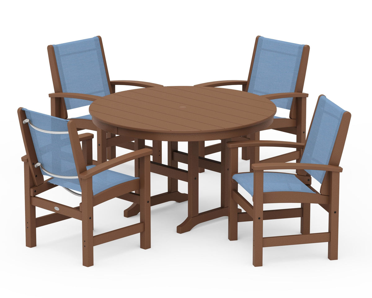 POLYWOOD Coastal 5-Piece Round Farmhouse Dining Set in Teak / Poolside
