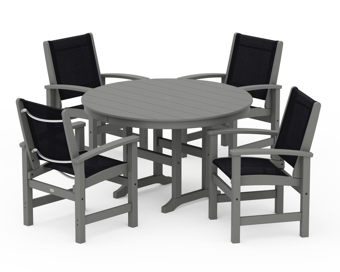 POLYWOOD Coastal 5-Piece Round Farmhouse Dining Set in Slate Grey / Black