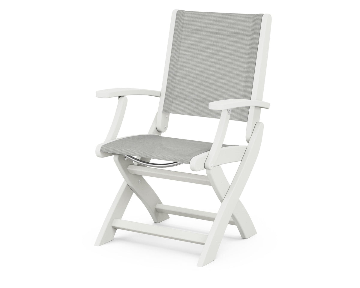 POLYWOOD Coastal Folding Chair in Vintage White with Vintage White arms and Metallic sling