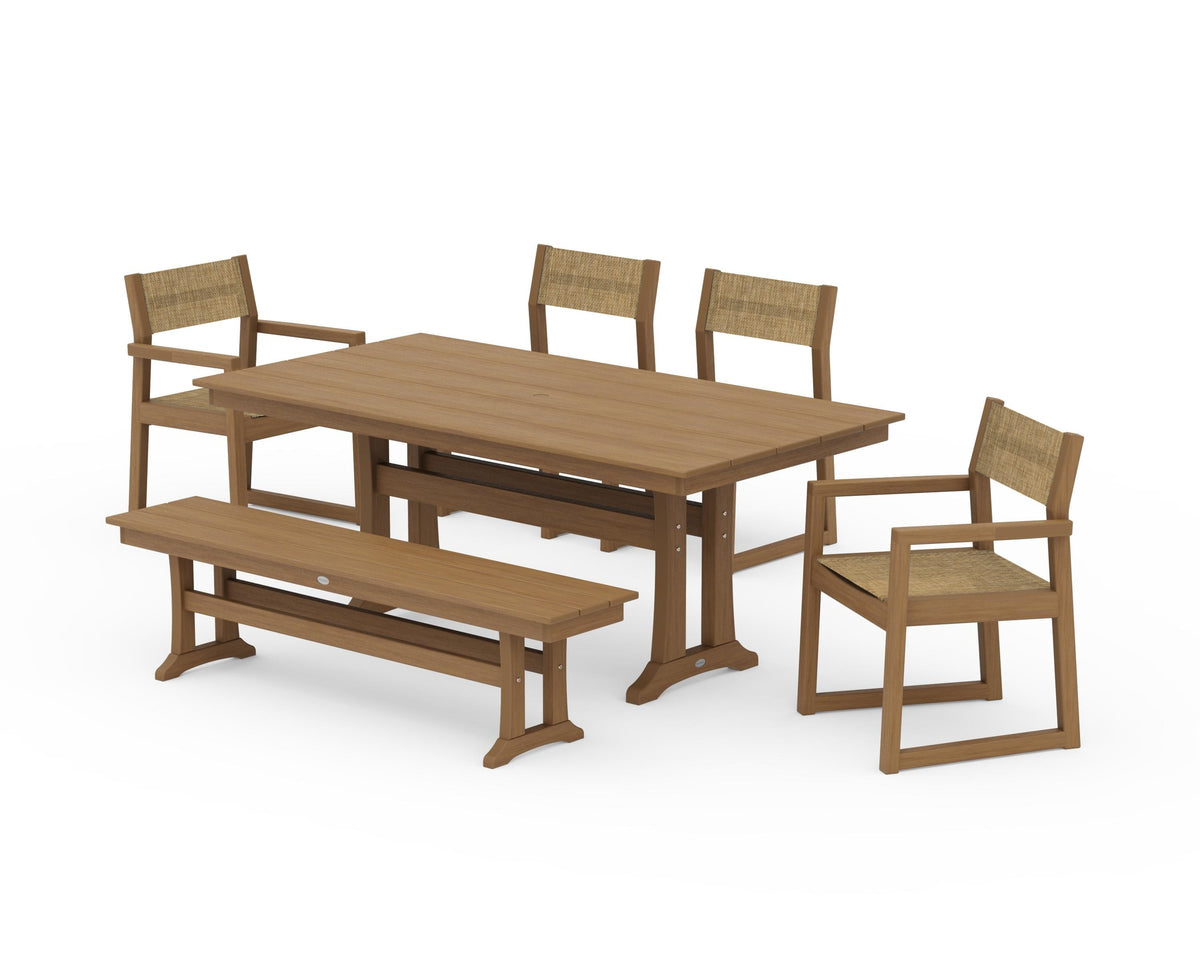 POLYWOOD EDGE Sling 6-Piece Farmhouse Dining Set With Trestle Legs in Natural / Burlap