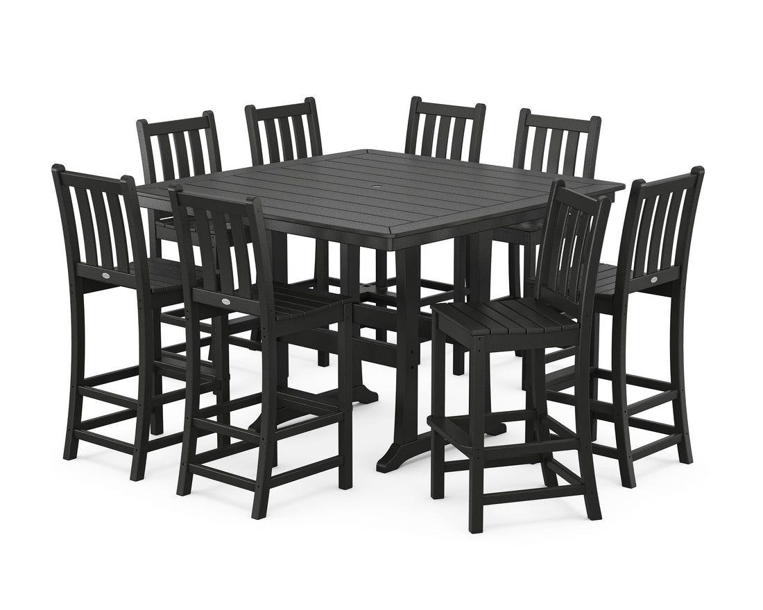 POLYWOOD Traditional Garden 9-Piece Nautical Trestle Bar Set in Black