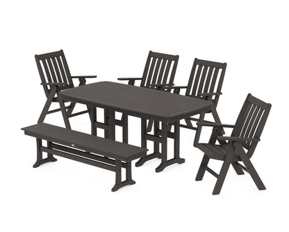 POLYWOOD Vineyard Folding Chair 6-Piece Dining Set with Bench in Vintage Coffee