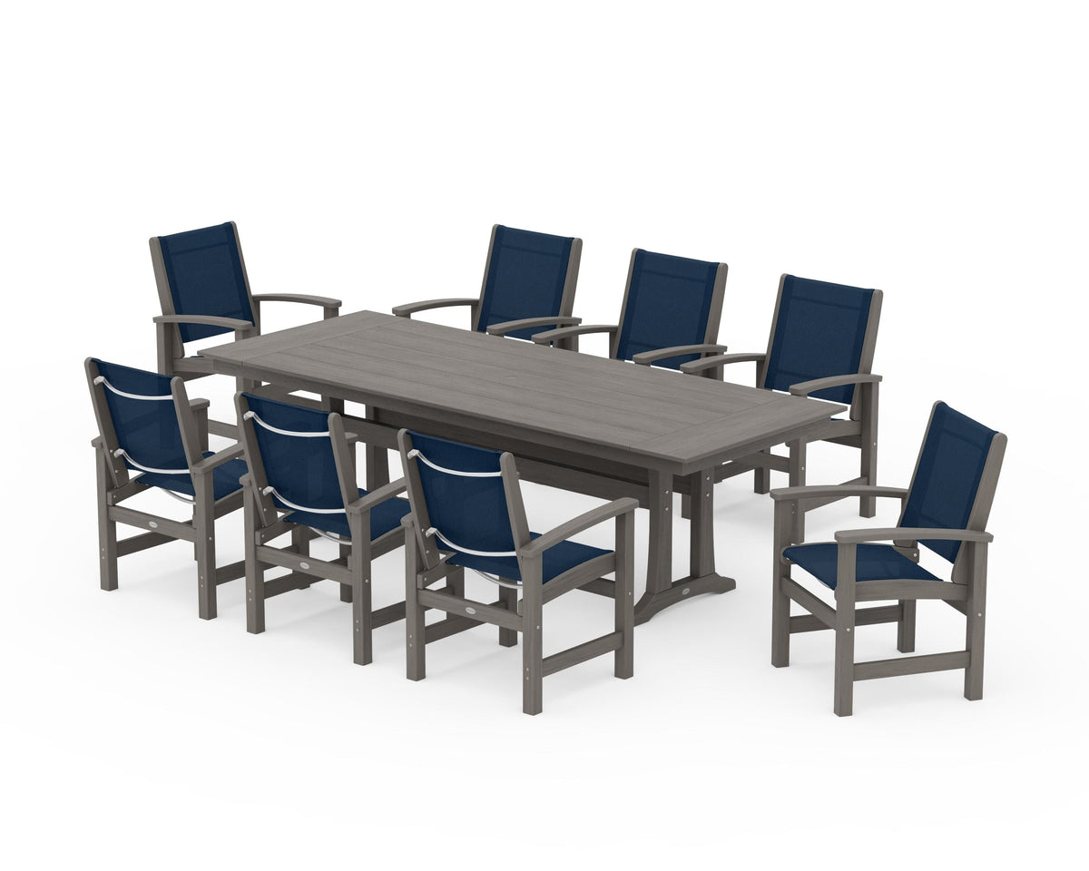 POLYWOOD Coastal 9-Piece Farmhouse Dining Set with Trestle Legs in Driftwood / Navy Blue