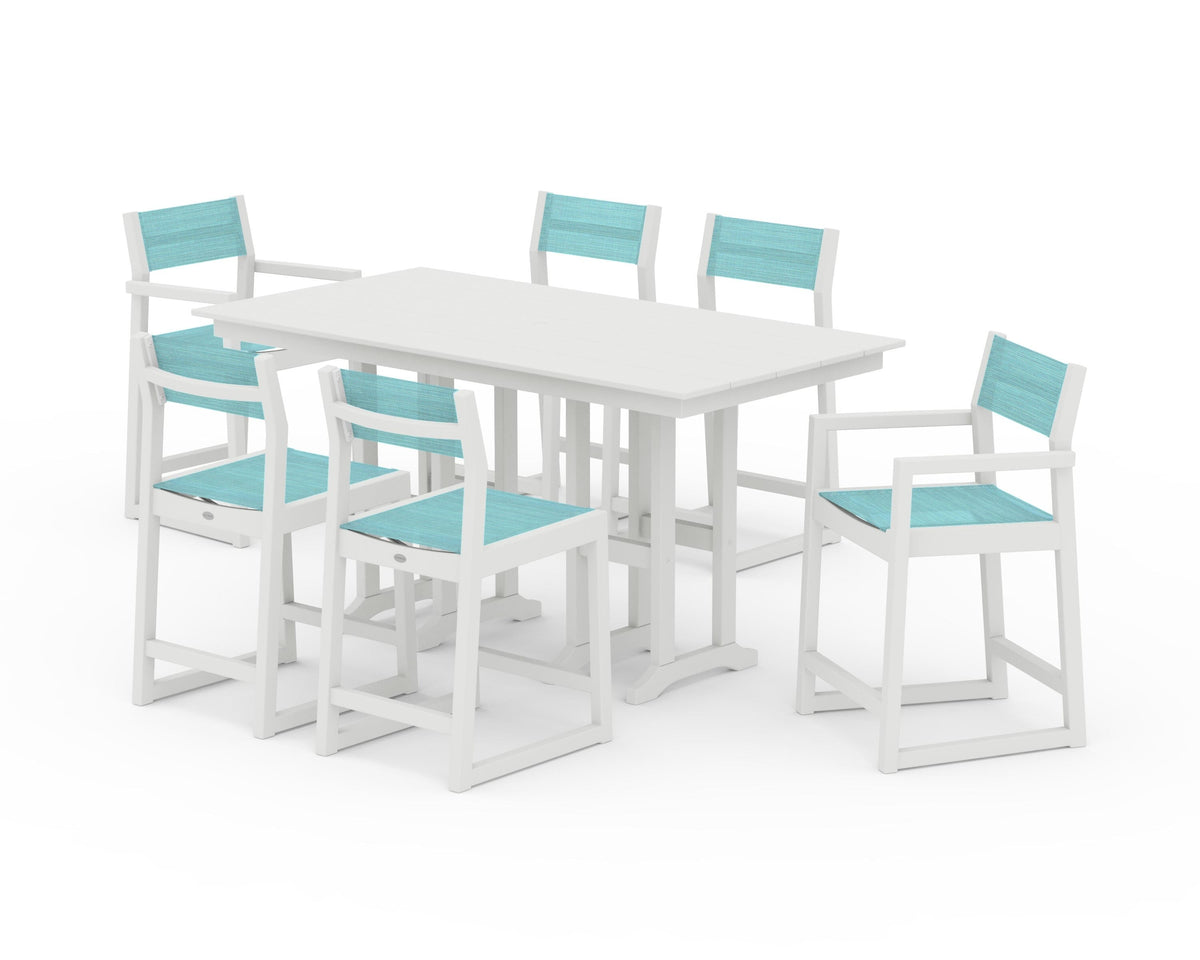 POLYWOOD EDGE Sling 7-Piece Farmhouse Counter Set with Trestle Legs in Vintage White / Dupioni Aquamarine