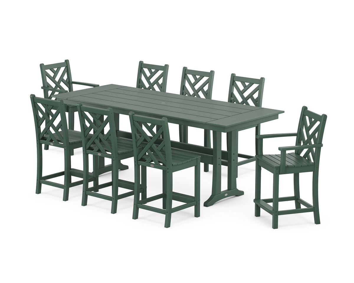 POLYWOOD Chippendale 9-Piece Farmhouse Counter Set with Trestle Legs in Green