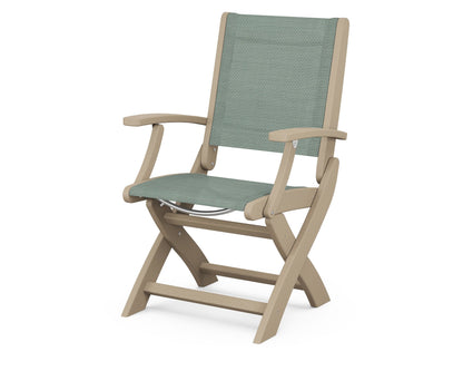 POLYWOOD Coastal Folding Chair in Vintage Sahara with Vintage Sahara arms and Dupioni Sea Mist sling