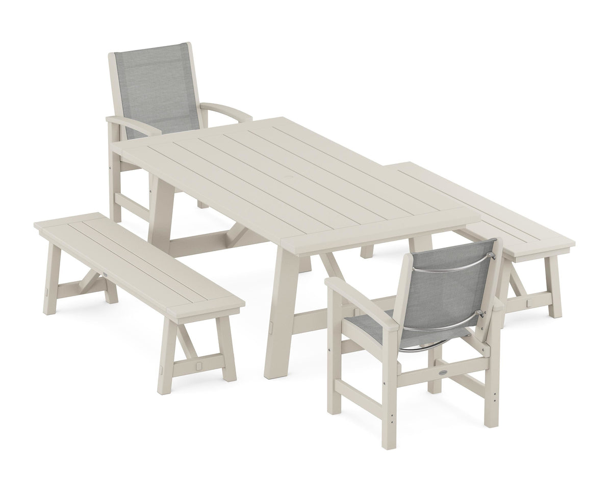 POLYWOOD Coastal 5-Piece Rustic Farmhouse Dining Set With Benches in Sand / Metallic