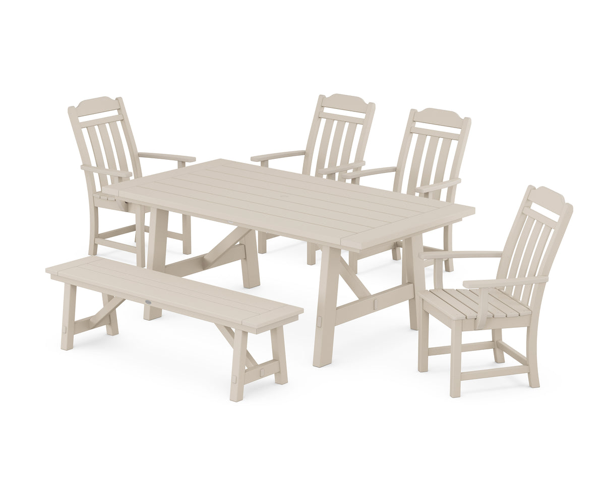 POLYWOOD Cottage 6-Piece Rustic Farmhouse Dining Set with Bench in Sand