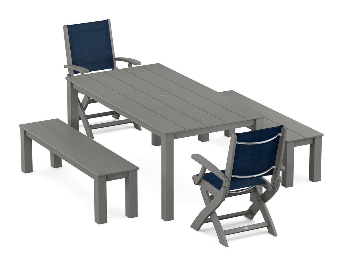 POLYWOOD Coastal Folding Chair 5-Piece Parsons Dining Set with Benches in Slate Grey / Navy Blue