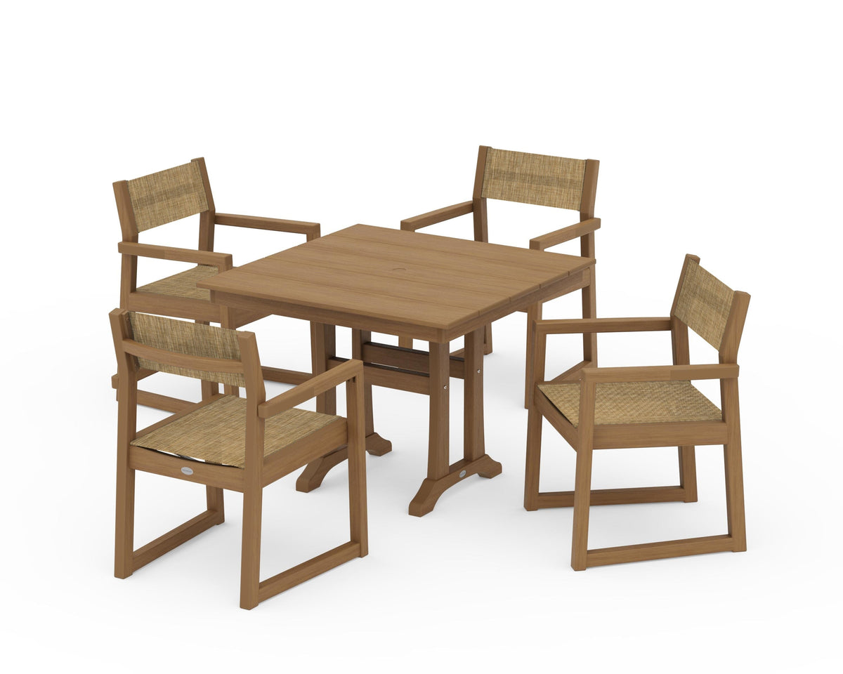 POLYWOOD EDGE Sling 5-Piece Farmhouse Dining Set with Trestle Legs in Natural / Burlap