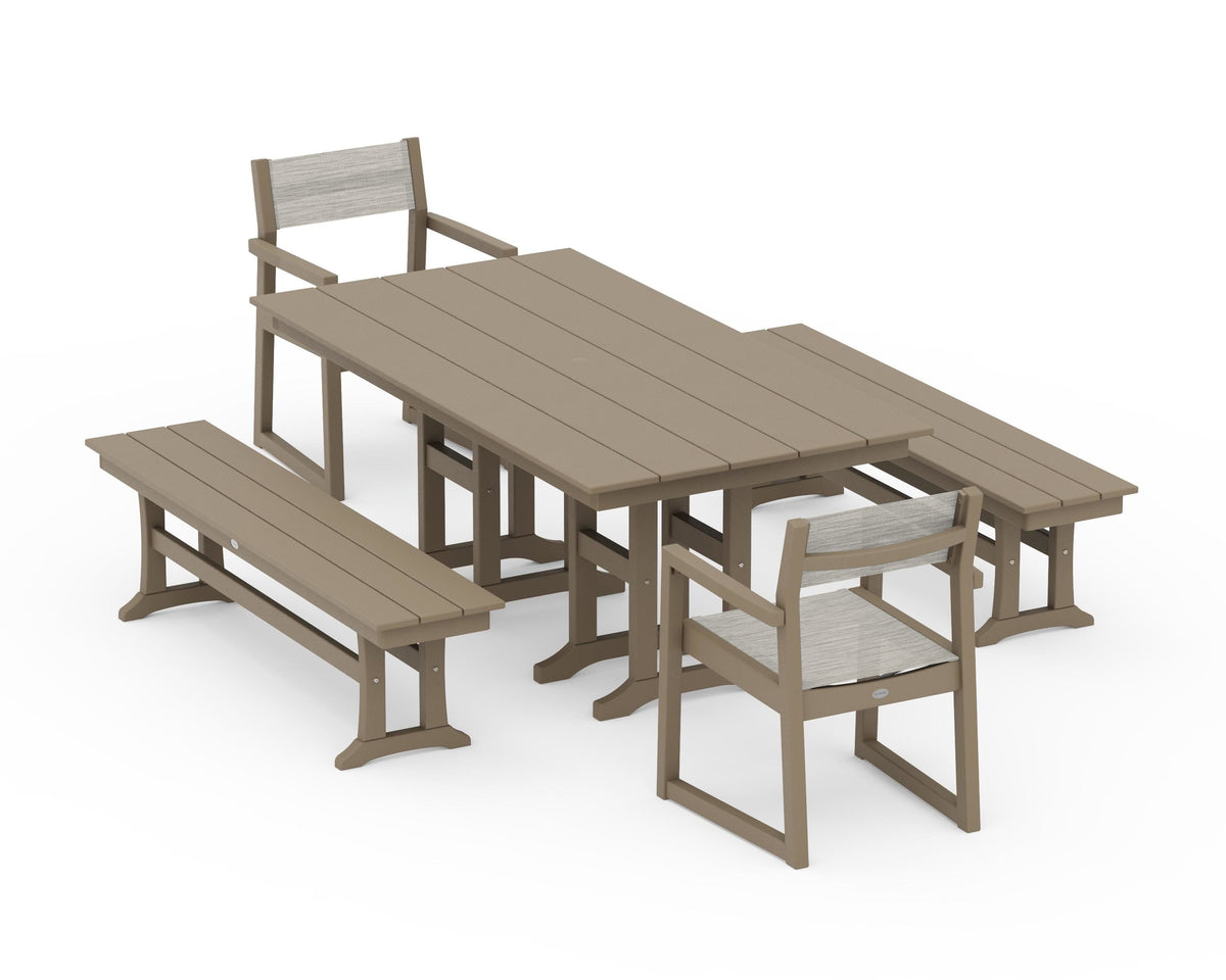 POLYWOOD EDGE Sling Arm Chair 5-Piece Farmhouse Dining Set with Benches in Vintage Sahara / Birch