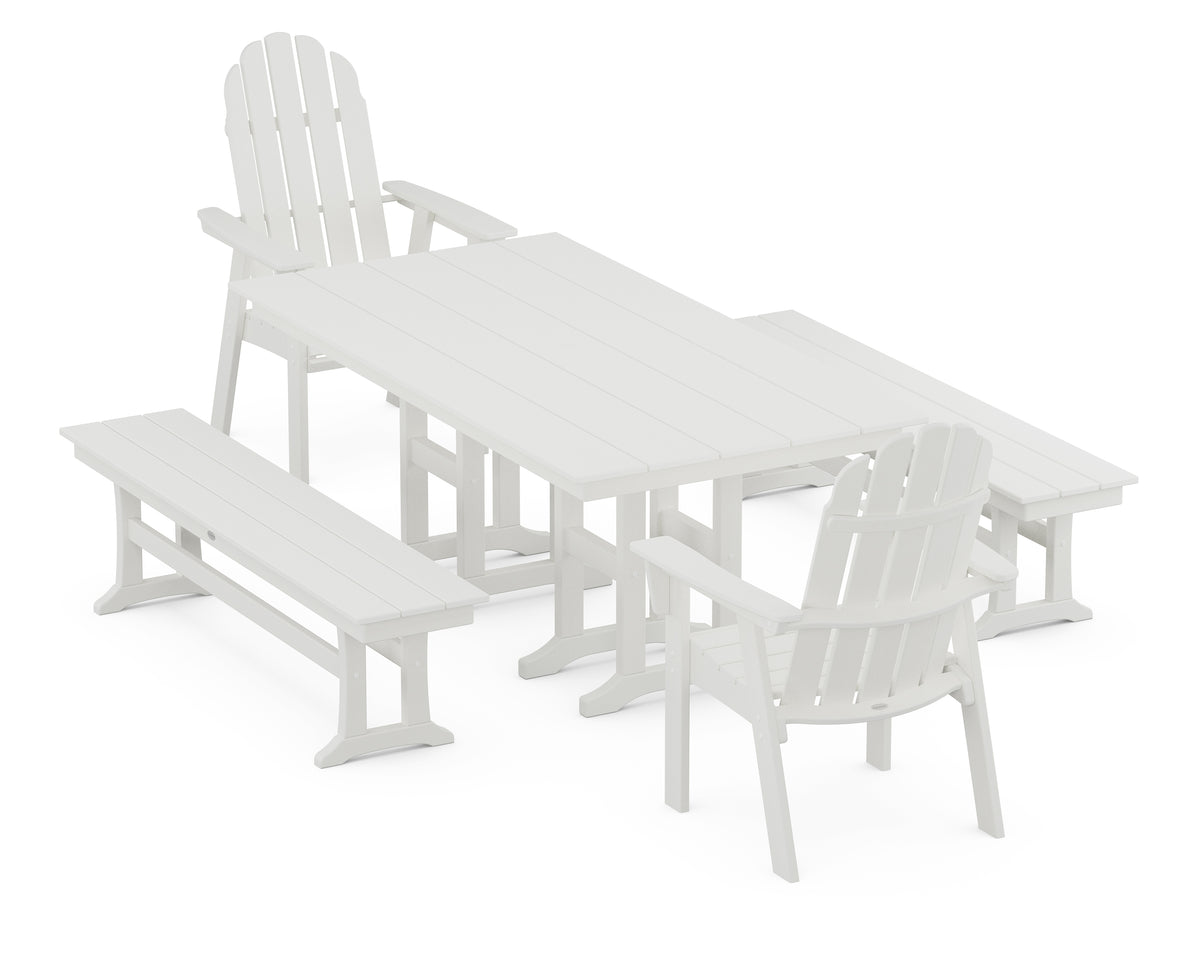 POLYWOOD Vineyard Curveback Adirondack 5-Piece Farmhouse Dining Set with Benches in Vintage White