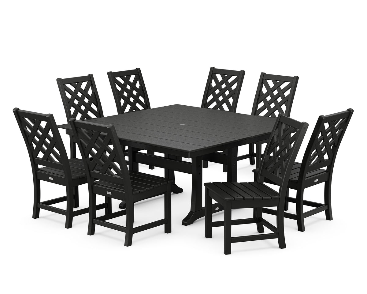 POLYWOOD Wovendale Side Chair 9-Piece Square Farmhouse Dining Set with Trestle Legs in Black