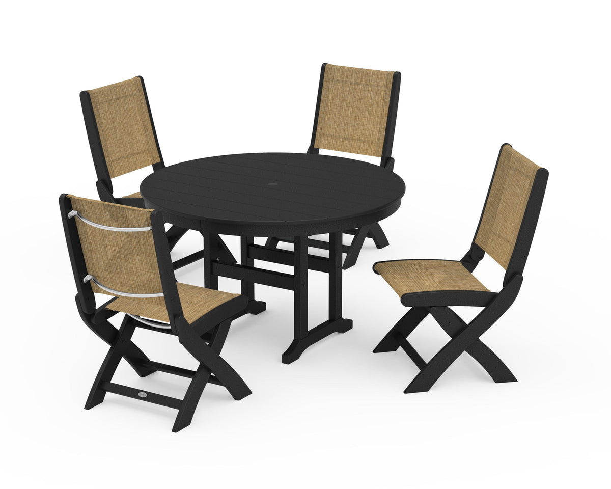 POLYWOOD Coastal Folding Side Chair 5-Piece Round Dining Set in Black / Burlap