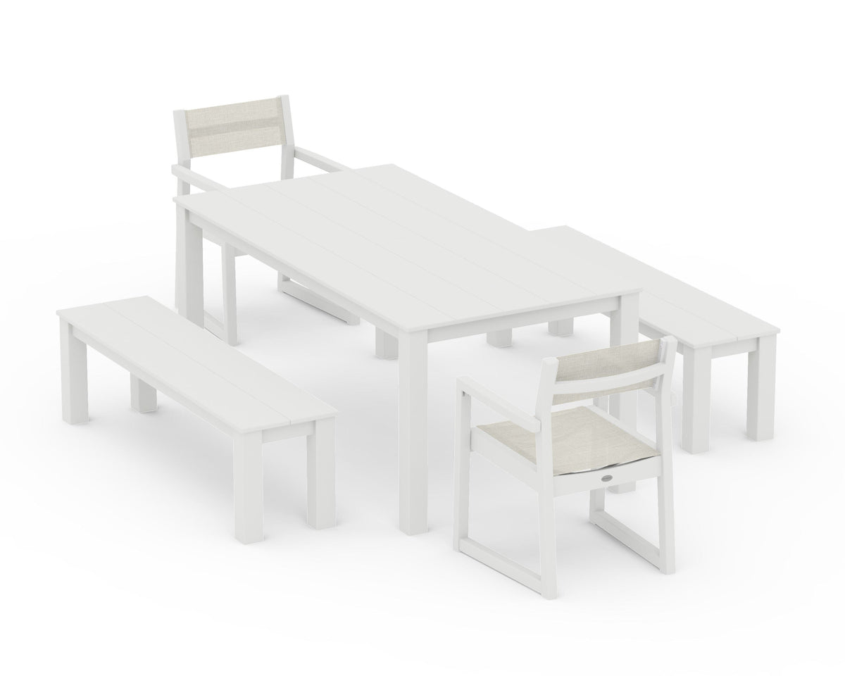 POLYWOOD EDGE Sling Arm Chair 5-Piece Parsons Dining Set with Benches in Vintage White / Parchment
