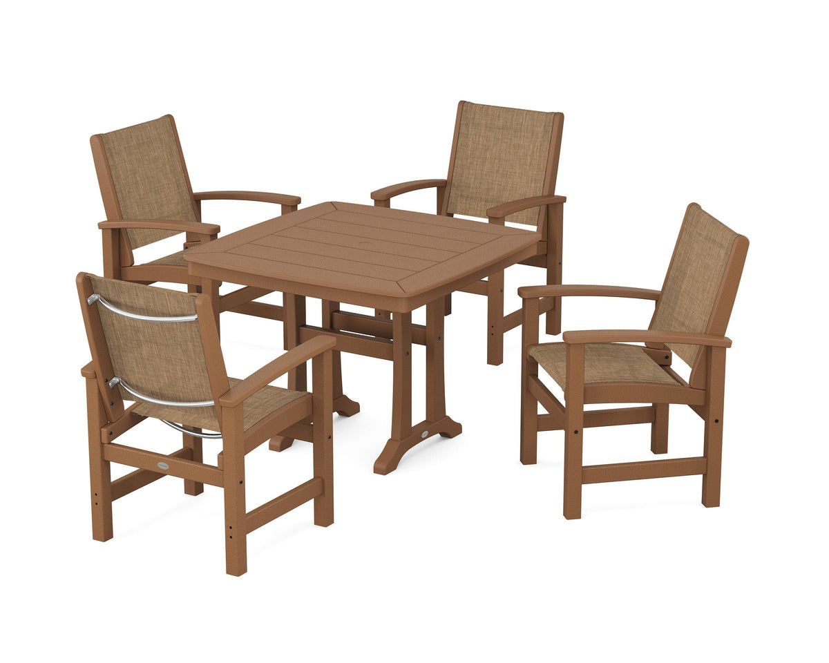 POLYWOOD Coastal 5-Piece Dining Set with Trestle Legs with Nautical Trestle 37" Dining Table in Teak / Burlap