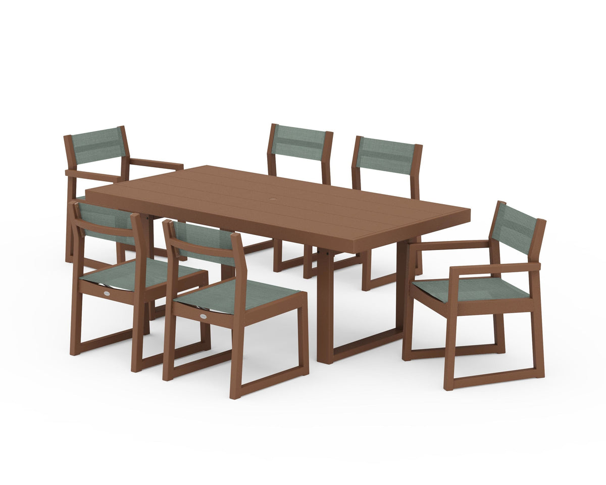 POLYWOOD EDGE Sling 7-Piece Dining Set in Teak / Dupioni Sea Mist