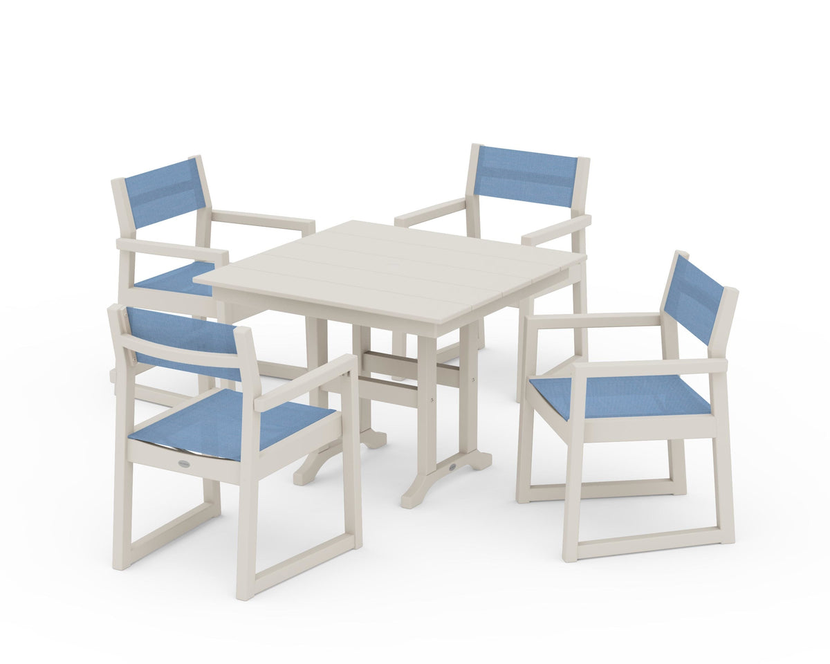 POLYWOOD EDGE Sling Arm Chair 5-Piece Farmhouse Dining Set in Sand / Poolside