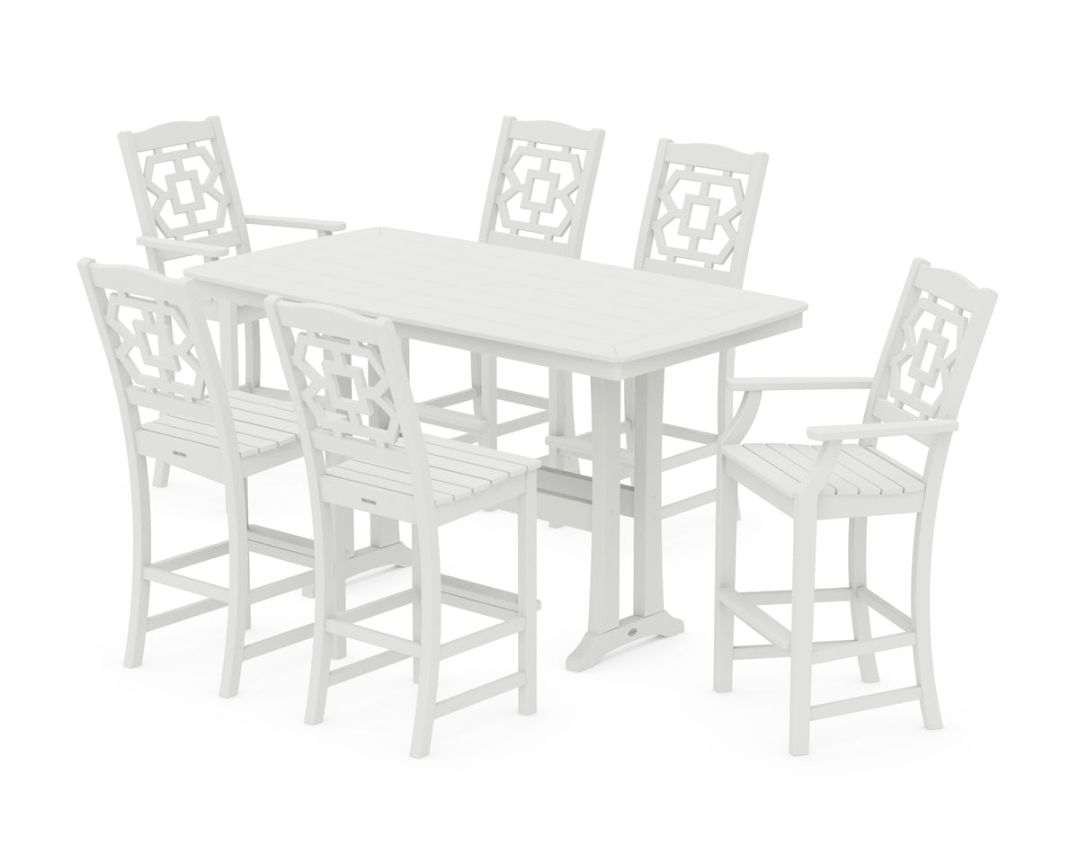 POLYWOOD Chinoiserie 7-Piece Bar Set with Trestle Legs in Vintage White