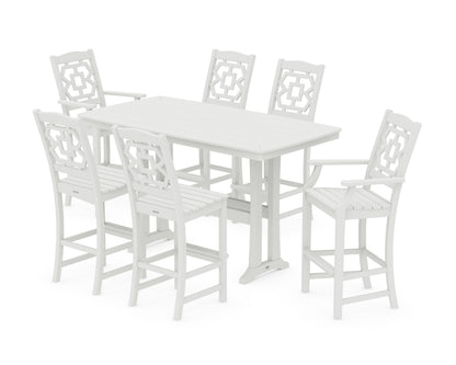 POLYWOOD Chinoiserie 7-Piece Bar Set with Trestle Legs in Vintage White