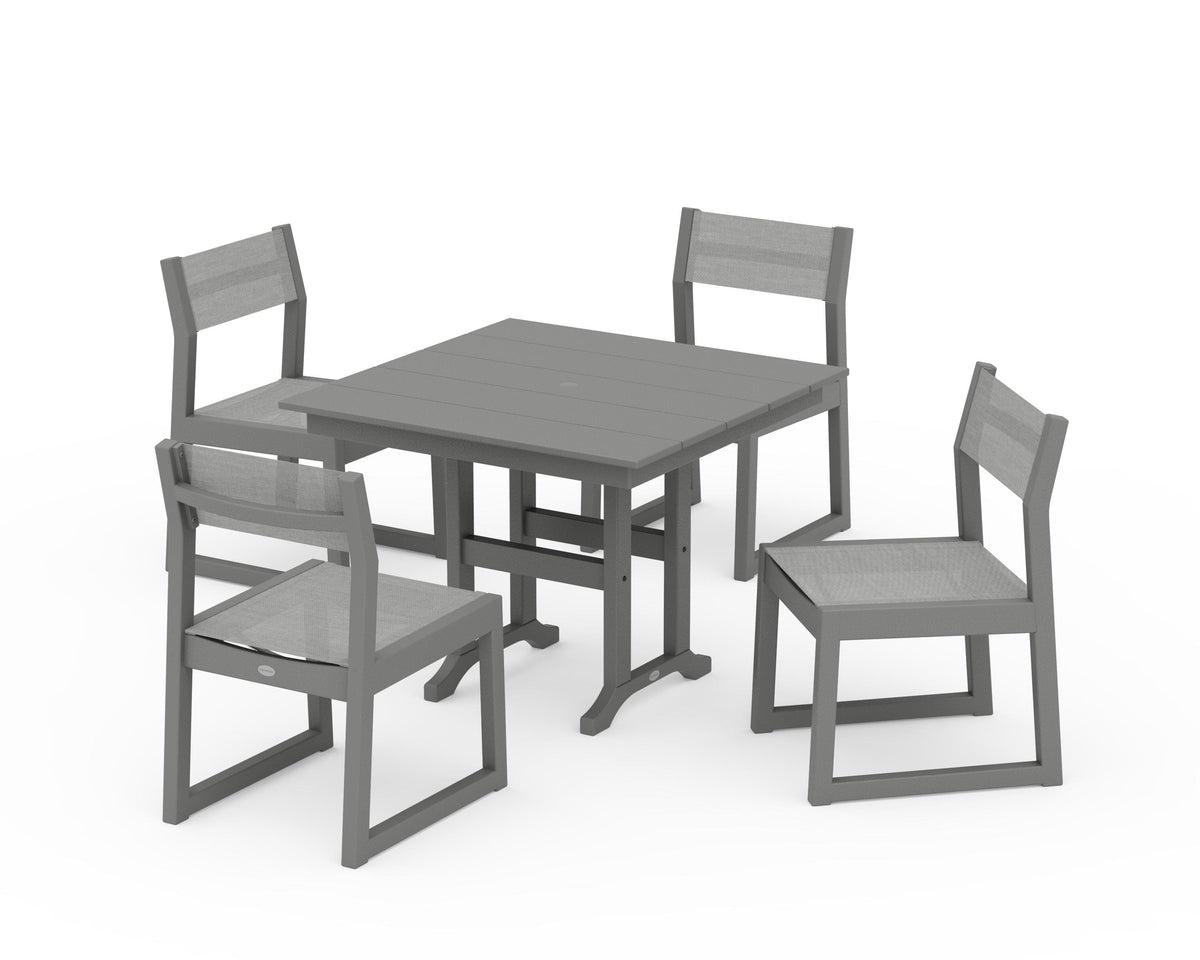 POLYWOOD EDGE Sling Side Chair 5-Piece Farmhouse Dining Set in Slate Grey / Metallic