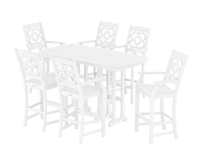 POLYWOOD Chinoiserie Arm Chair 7-Piece Bar Set in White