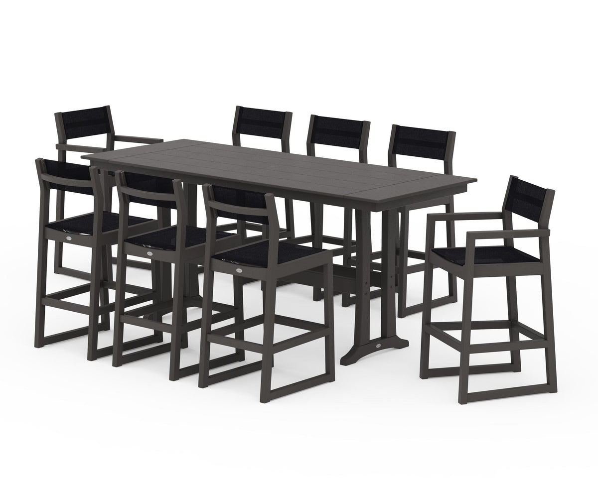 POLYWOOD EDGE Sling 9-Piece Farmhouse Bar Set with Trestle Legs in Vintage Coffee / Black