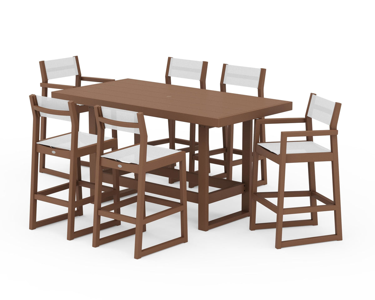 POLYWOOD EDGE Sling 7-Piece Bar Table Set in Teak / White