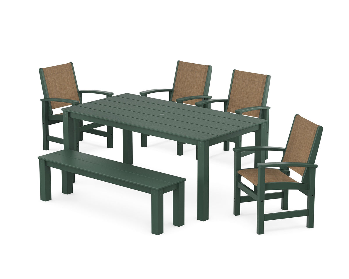 POLYWOOD Coastal 6-Piece Parsons Dining Set with Bench in Green / Burlap