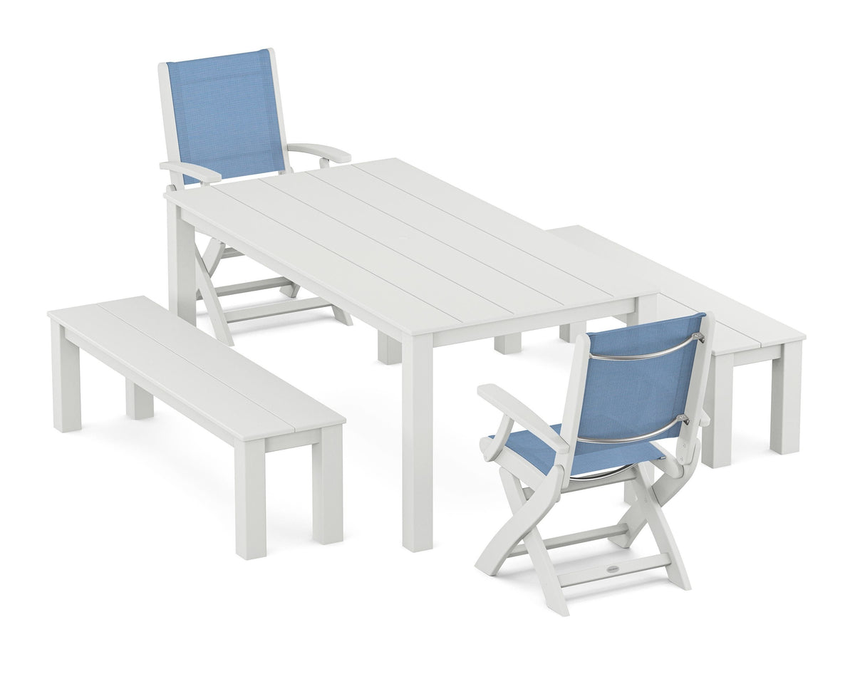POLYWOOD Coastal Folding Chair 5-Piece Parsons Dining Set with Benches in White / Poolside