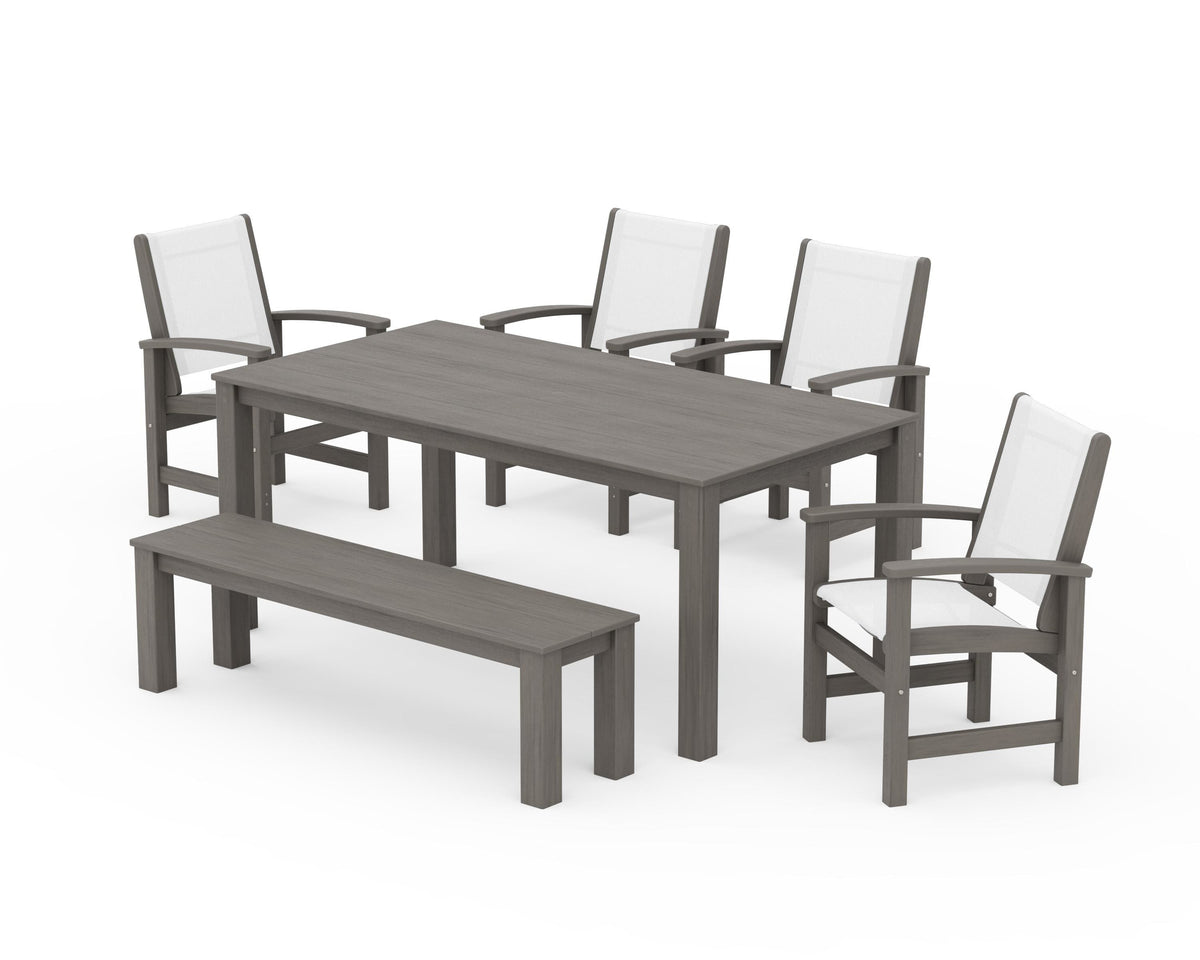 POLYWOOD Coastal 6-Piece Parsons Dining Set with Bench in Driftwood / White