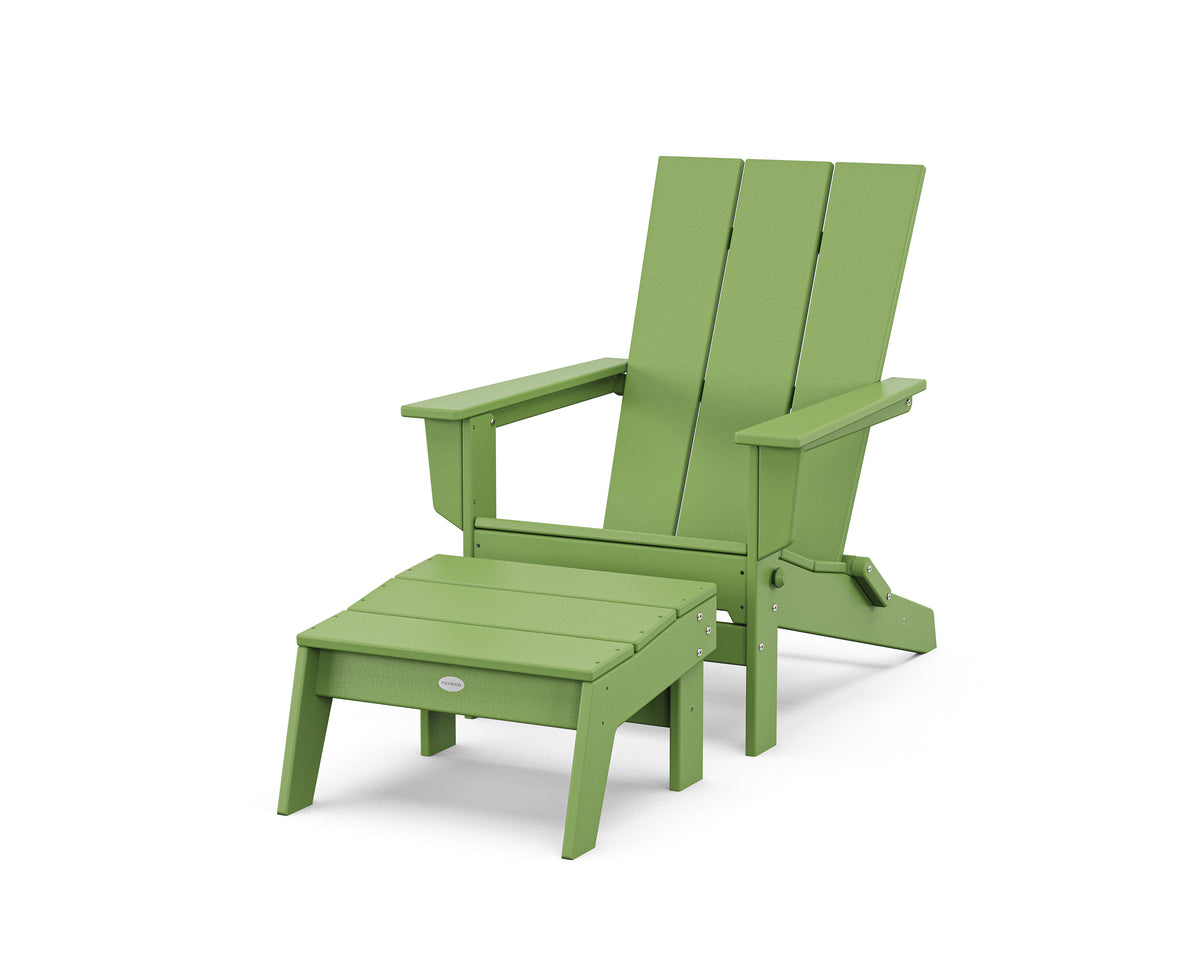 POLYWOOD Modern Studio Folding Adirondack Chair with Ottoman in Lime