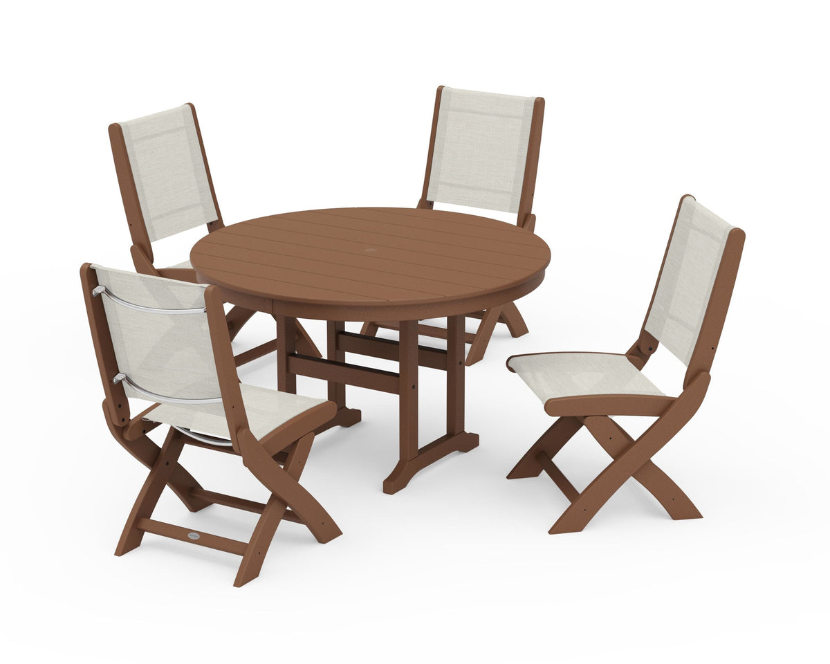 POLYWOOD Coastal Folding Side Chair 5-Piece Round Dining Set in Teak / Parchment