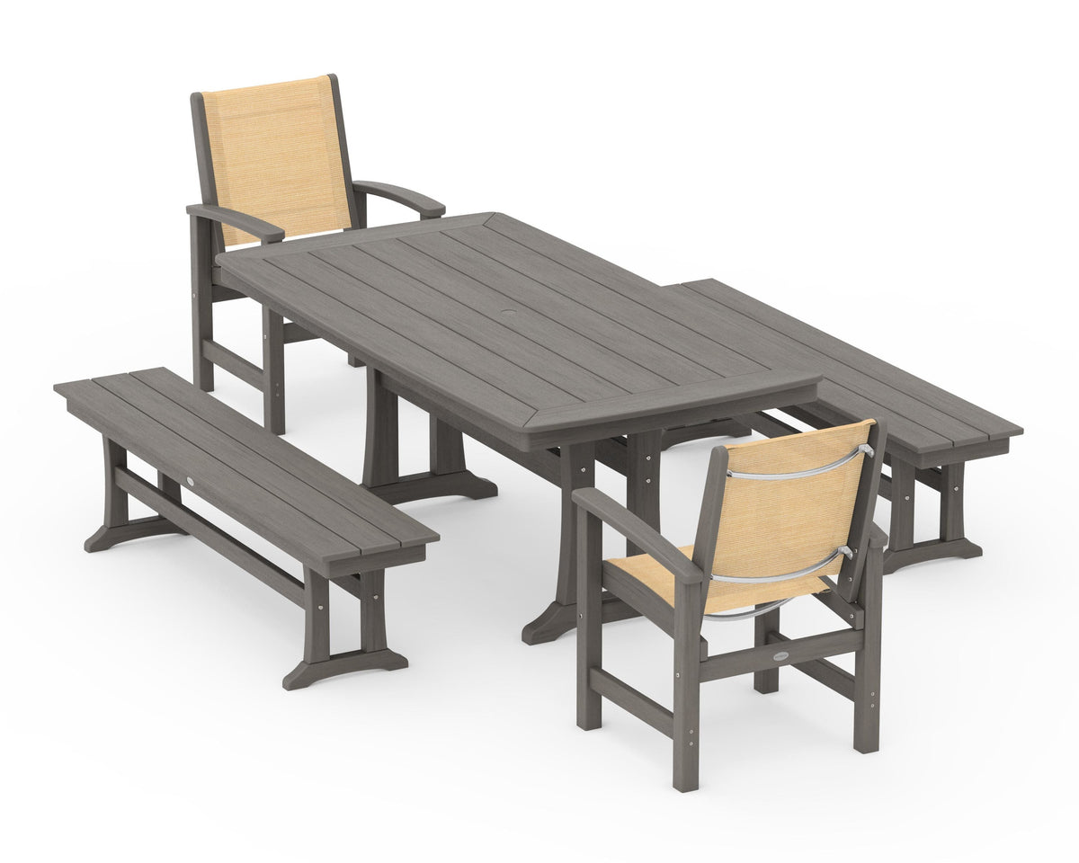 POLYWOOD Coastal 5-Piece Dining Set with Trestle Legs and Benches in Driftwood / Dupioni Apricot