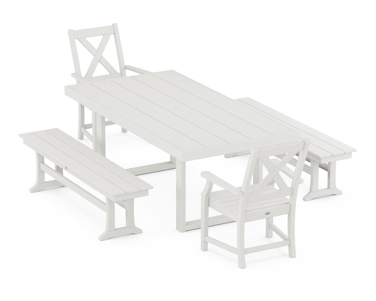 POLYWOOD Braxton 5-Piece Dining Set with Benches - 39" x 78" Table in Vintage White