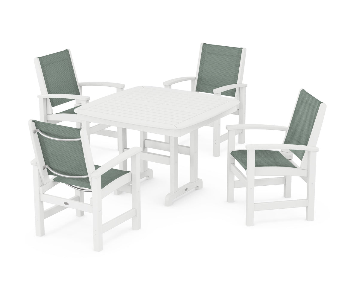 POLYWOOD Coastal 5-Piece Dining Set with Nautical 44" Dining Table in White / Dupioni Sea Mist