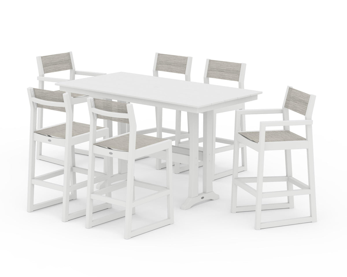 POLYWOOD EDGE Sling 7-Piece Farmhouse Bar Set with Trestle Legs in White / Birch
