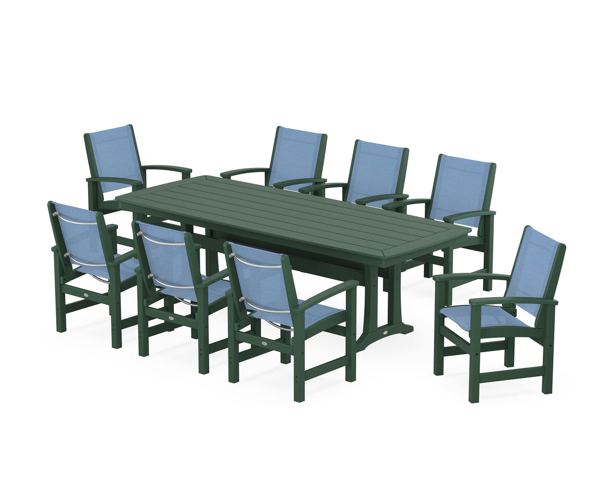 POLYWOOD Coastal 9-Piece Dining Set with Trestle Legs in Green / Poolside