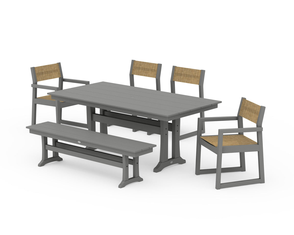 POLYWOOD EDGE Sling 6-Piece Farmhouse Dining Set With Trestle Legs in Slate Grey / Burlap