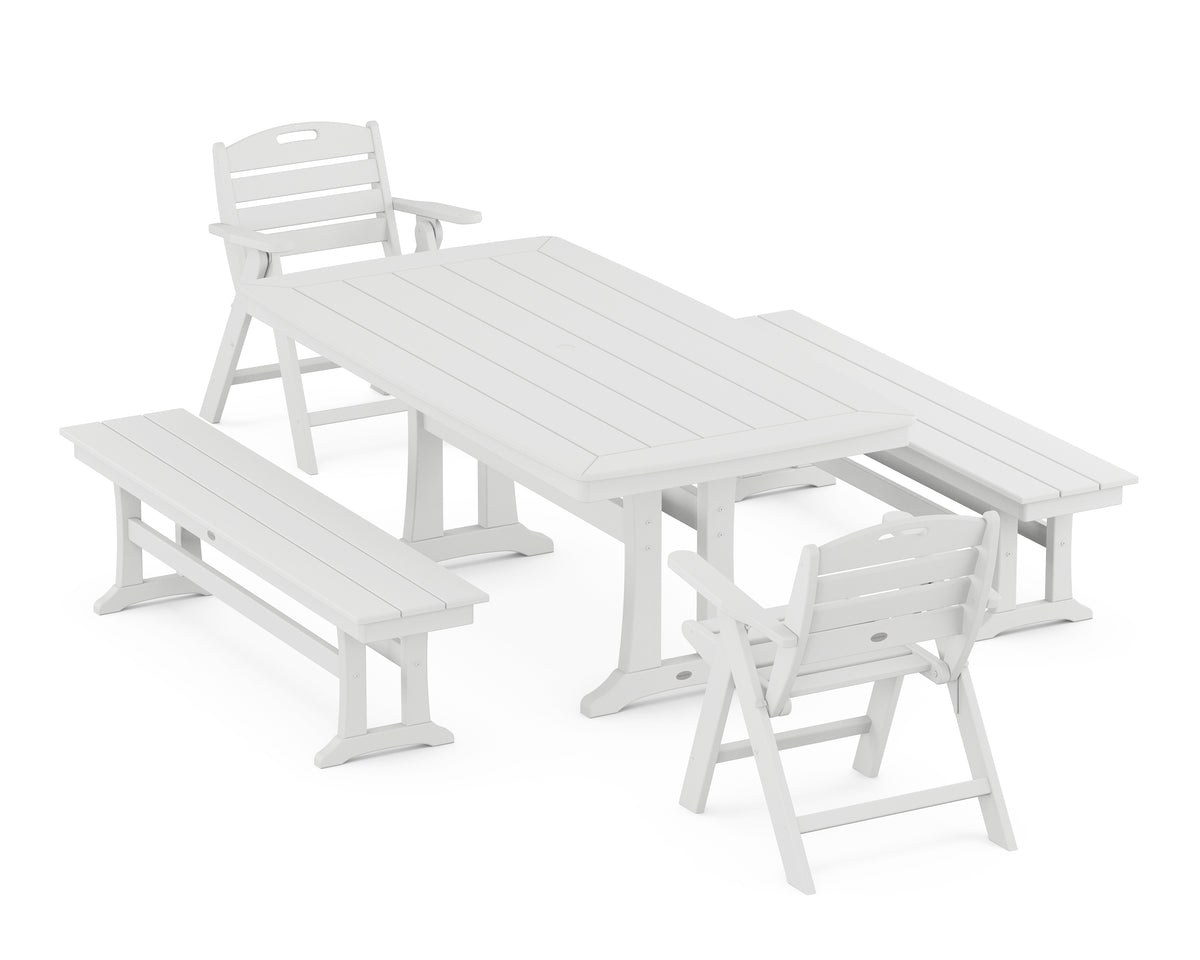 POLYWOOD Nautical Folding Lowback Chair 5-Piece Dining Set with Trestle Legs and Benches in White
