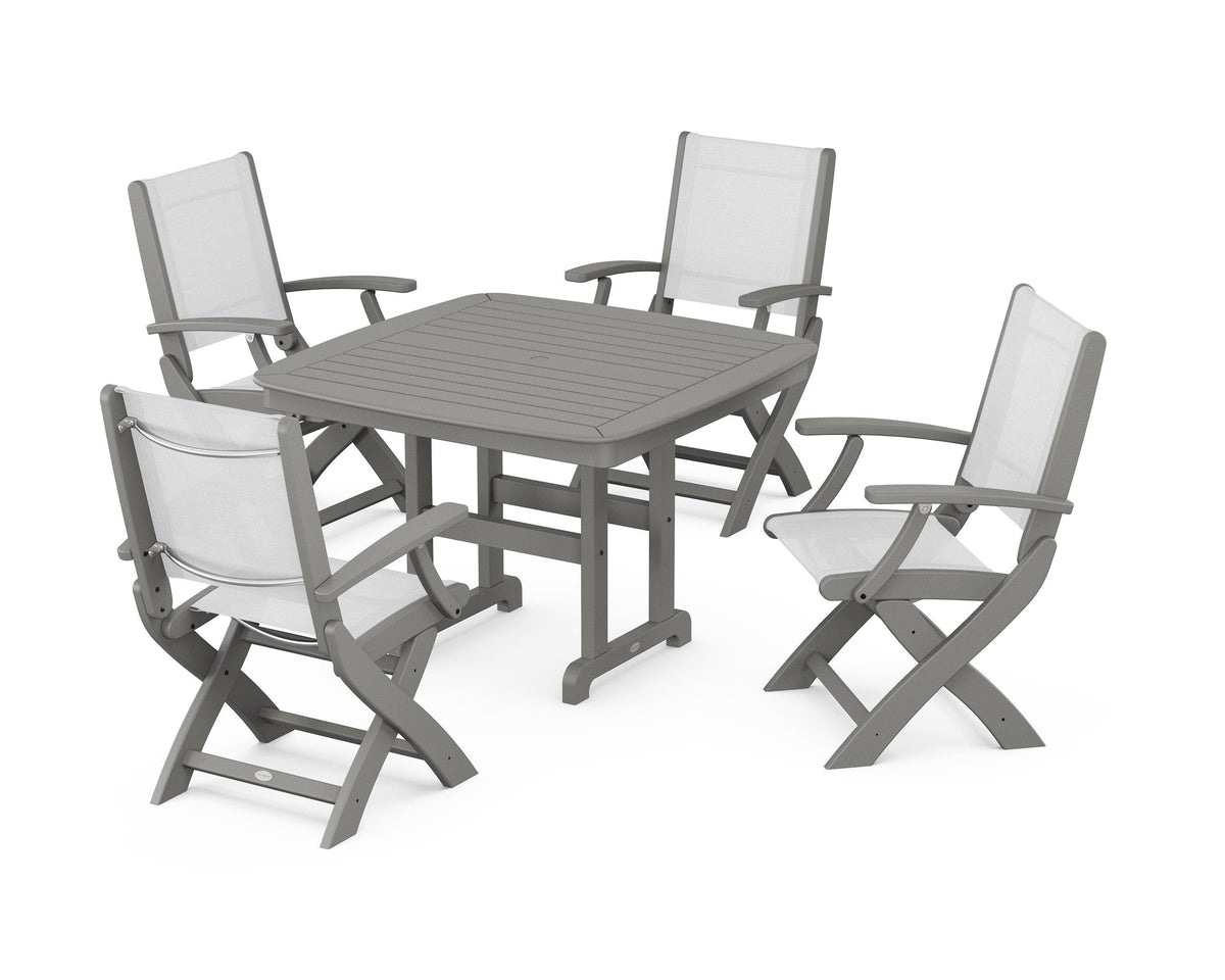 POLYWOOD Coastal Folding Chair 5-Piece Dining Set with Nautical 44" Dining Table in Slate Grey / White