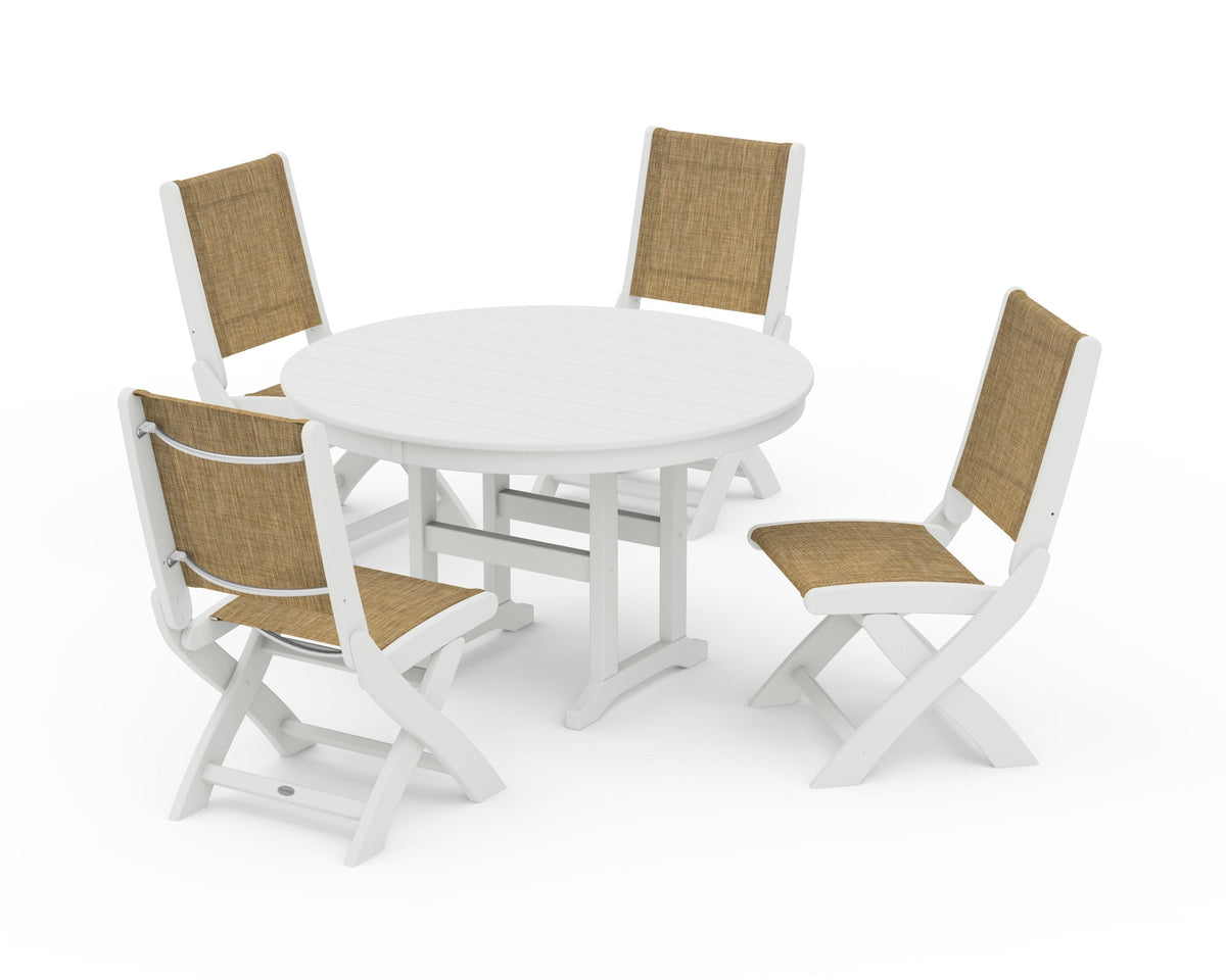 POLYWOOD Coastal Folding Side Chair 5-Piece Round Dining Set in Vintage White / Burlap
