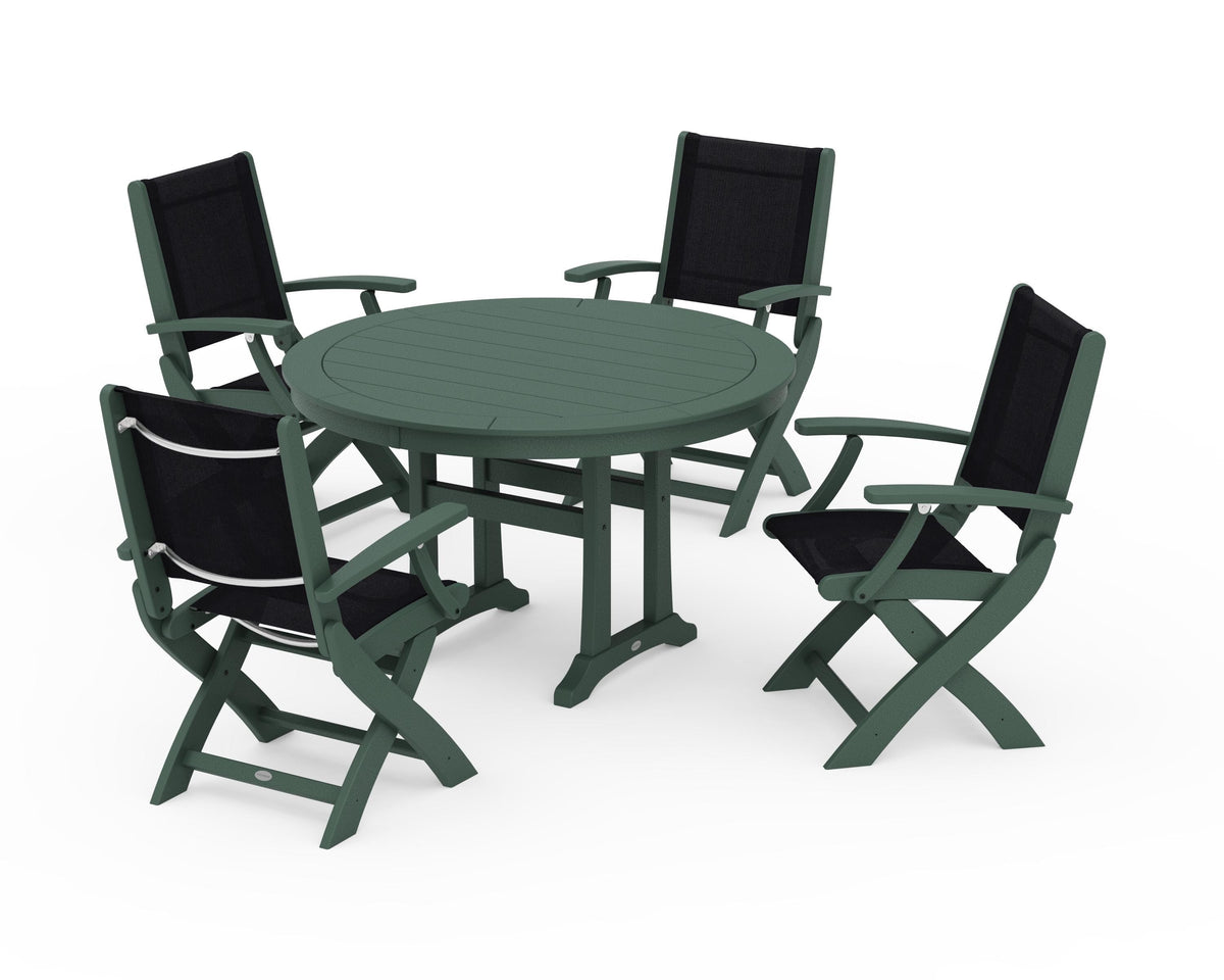 POLYWOOD Coastal Folding Chair 5-Piece Round Dining Set with Trestle Legs in Green / Black