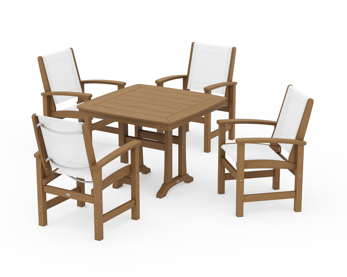 POLYWOOD Coastal 5-Piece Dining Set with Trestle Legs with Nautical Trestle 37" Dining Table in Natural / White