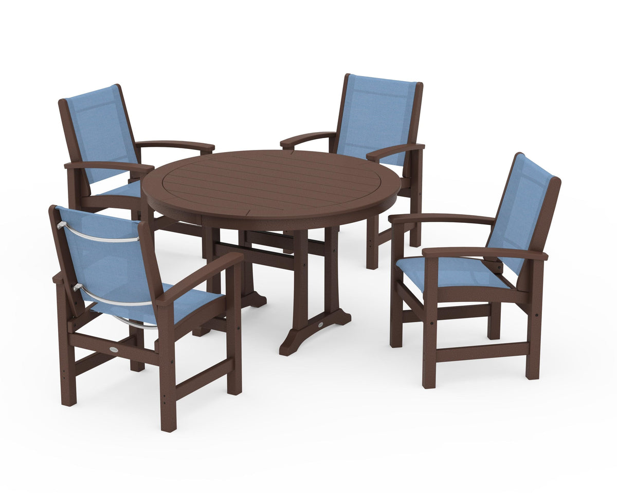 POLYWOOD Coastal 5-Piece Round Dining Set with Trestle Legs in Mahogany / Poolside